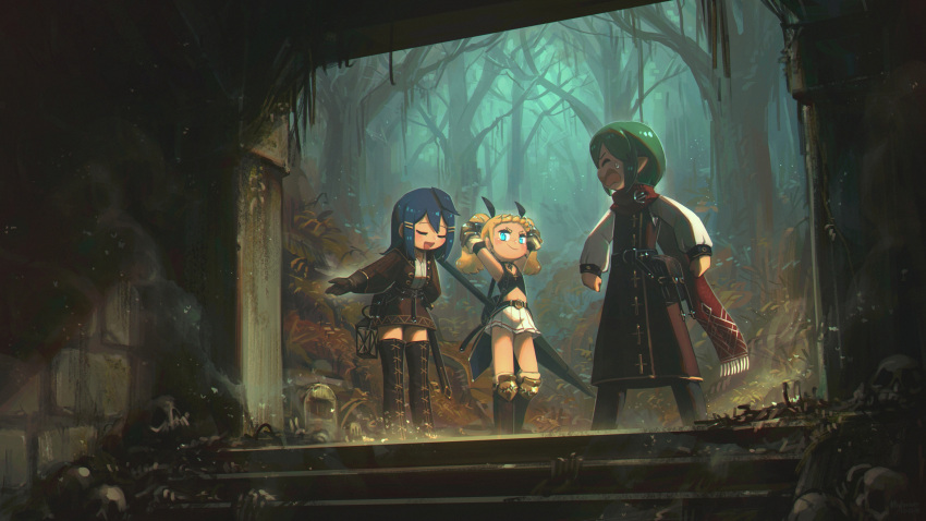 1boy 2girls absurdres arms_behind_head belt belt_pouch blonde_hair blue_eyes blue_hair bone boots bowing brown_gloves closed_eyes dungeon english_commentary fantasy forest freckles gauntlets gloves green_hair hair_ornament hairclip highres lance lantern midriff multiple_girls nature original pointy_ears polearm porforever pouch scarf skeleton skirt skull smug sweatdrop thigh-highs thigh_boots twintails weapon weapon_on_back white_skirt