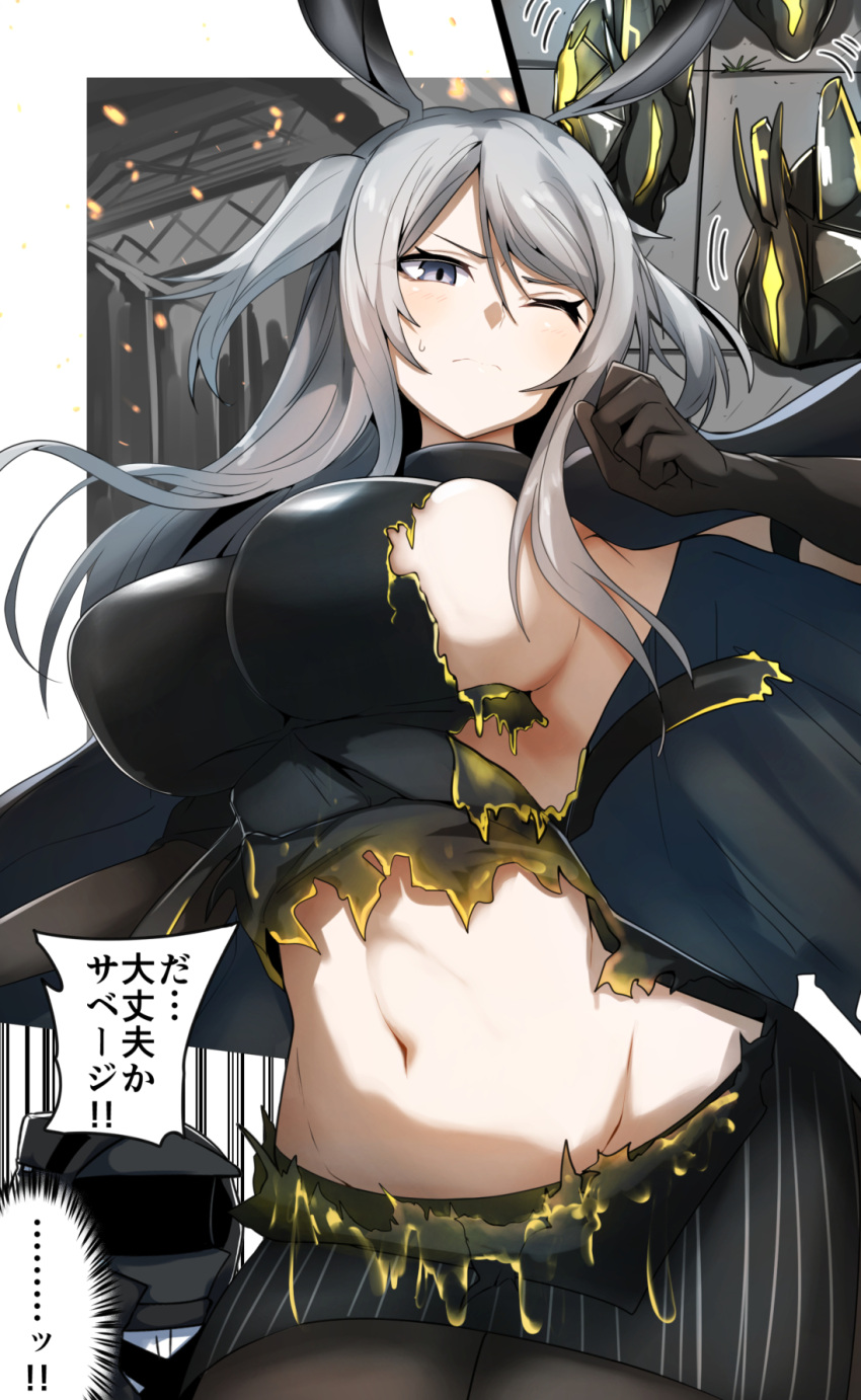 1girl 1other animal_ears arknights black_dress black_gloves blush breasts cowboy_shot doctor_(arknights) dress eyebrows_visible_through_hair gin_moku gloves grey_eyes grey_hair highres large_breasts long_hair navel one_eye_closed originium_slug_(arknights) rabbit_ears rabbit_girl savage_(arknights) sideboob sleeveless sleeveless_dress solo speech_bubble stomach torn_clothes torn_dress translation_request