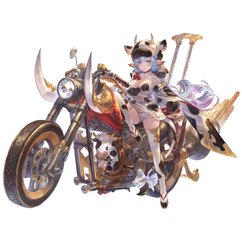 1girl animal_costume animal_ears animal_print blue_hair bow catura_(granblue_fantasy) cow cow_costume cow_ears cow_girl cow_hat cow_hood cow_horns cow_print cow_tail draph ear_piercing gradient_hair granblue_fantasy ground_vehicle horns micro_shorts minaba_hideo motor_vehicle motorcycle multicolored_hair official_art piercing purple_hair sheer_clothes shorts simple_background tail thigh-highs transparent_background violet_eyes white_shorts