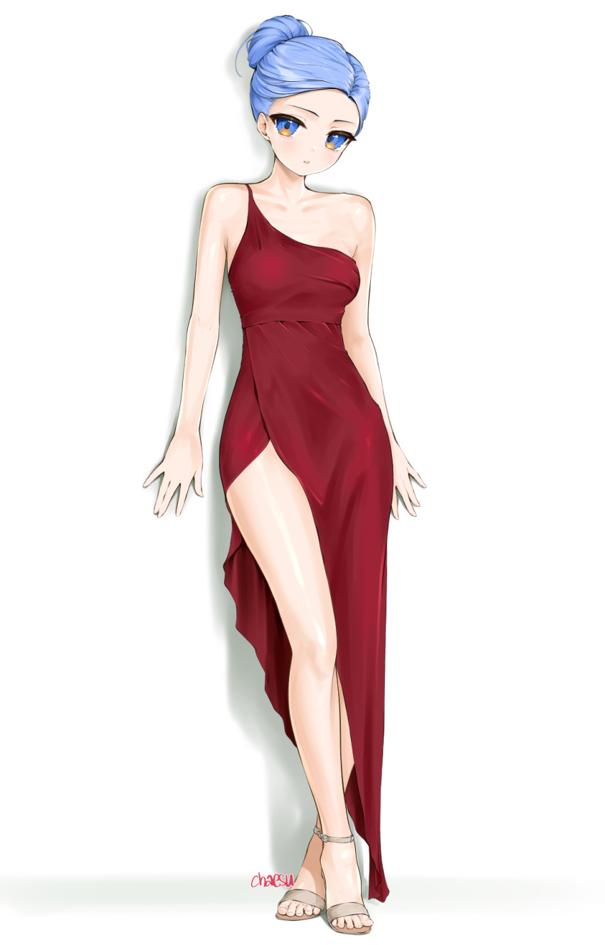 1girl bare_arms bare_legs bare_shoulders blue_eyes blue_hair chaesu commentary_request dress full_body hair_bun highres minah_(chaesu) original red_dress short_hair side_slit simple_background single-shoulder_dress single_strap solo standing thighs white_background