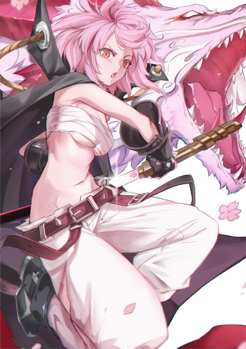 1girl absurdres alchemy_stars bandages bandeau bare_arms bare_shoulders belt black_footwear black_gloves breasts brown_belt chest_sarashi commentary_request dragon eastern_dragon esoul gloves highres hiiro_(alchemy_stars) holding holding_sword holding_weapon katana looking_at_viewer medium_breasts midriff navel open_mouth pants pink_hair sarashi sheath shoes short_hair solo stomach strapless sword tube_top unsheathing weapon white_background white_pants
