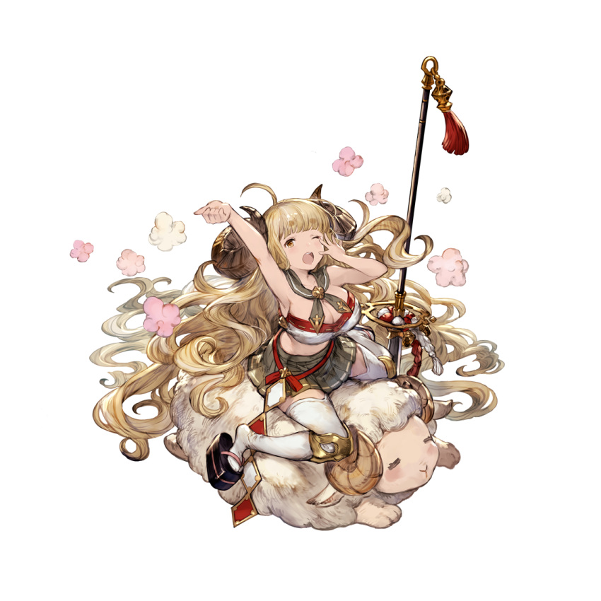 1girl anila_(granblue_fantasy) bell blonde_hair breasts draph full_body granblue_fantasy horns large_breasts long_hair midriff minaba_hideo miniskirt naginata official_art polearm riding sheep sheep_horns skirt smile solo spear stretch thigh-highs transparent_background weapon yawning zettai_ryouiki zouri