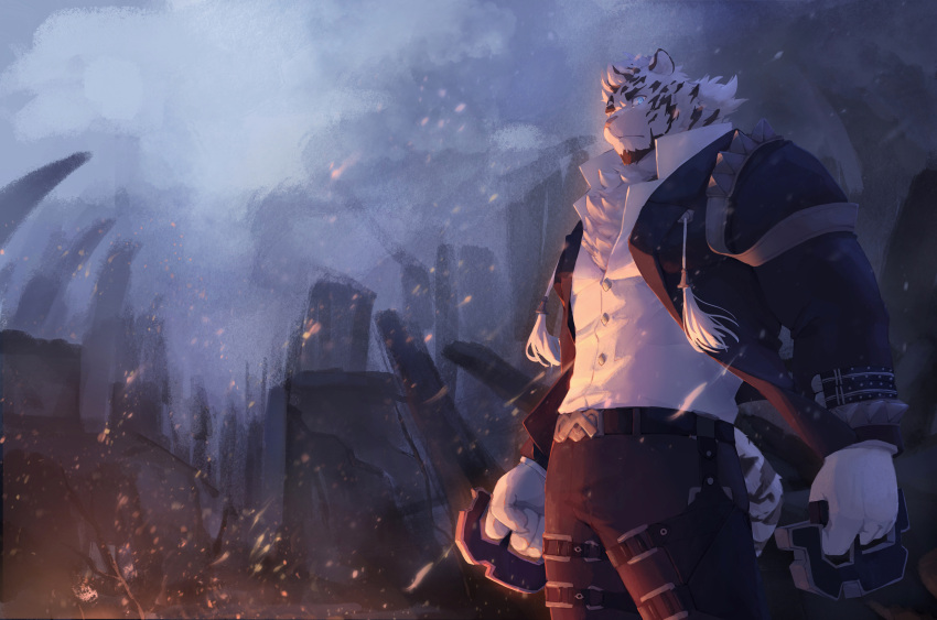 1boy absurdres animal_ears arange_(youhei79384157) arknights black_pants collared_shirt dark embers feet_out_of_frame fire furry furry_male glowing glowing_eyes highres jacket looking_at_viewer male_focus mountain_(arknights) mountain_(dark_cloud)_(arknights) muscular muscular_male night official_alternate_costume open_clothes open_jacket pants partially_unbuttoned scar scar_across_eye scar_on_face shirt solo tiger_boy tiger_ears white_fur white_hair