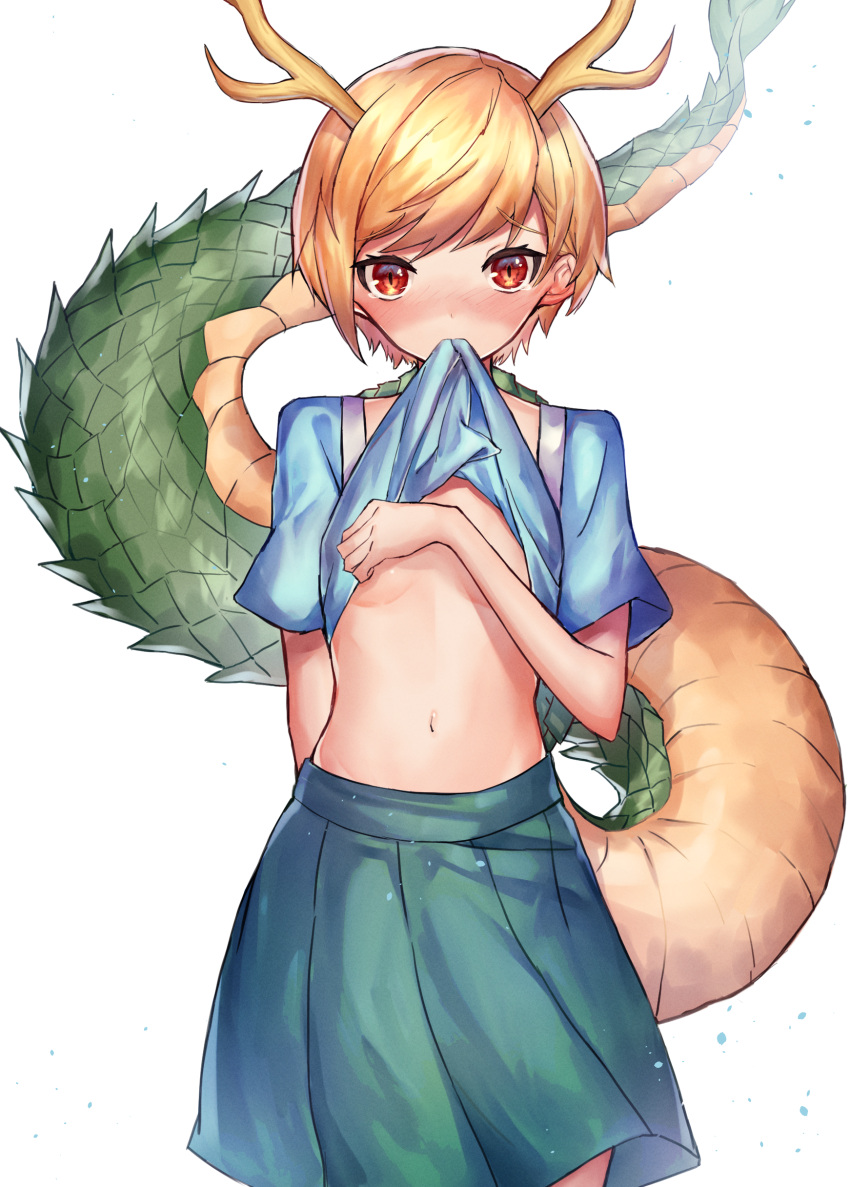 1girl absurdres aqua_skirt bangs blonde_hair blue_shirt blush clothes_lift covering covering_breasts cowboy_shot dragon_girl dragon_horns dragon_tail highres horns kicchou_yachie leste_(humansequencer) lifted_by_self looking_at_viewer midriff mouth_hold navel nose_blush pleated_skirt red_eyes shirt shirt_lift short_hair skirt solo swept_bangs tail touhou