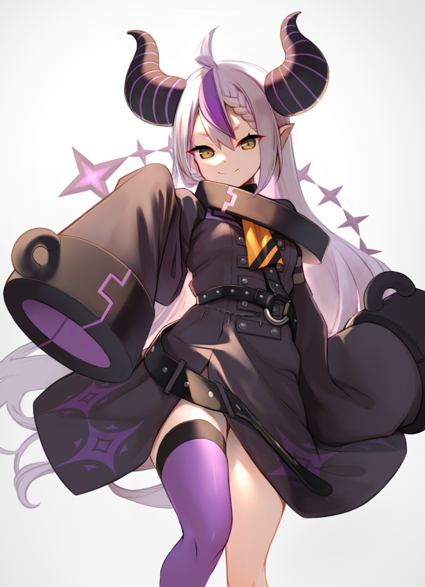1girl ahoge arm_at_side bangs belt black_dress braid braided_bangs breasts chain closed_mouth cowengium cross demon_horns dress fang fang_out feet_out_of_frame grey_background hair_between_eyes hand_up highres hololive horns la+_darknesss long_hair long_sleeves looking_at_viewer multicolored_hair neckerchief o-ring pointy_ears purple_hair purple_legwear side_slit silver_hair simple_background single_braid single_thighhigh sleeves_past_fingers sleeves_past_wrists small_breasts smile solo standing streaked_hair striped_horns thigh-highs thigh_gap very_long_hair very_long_sleeves virtual_youtuber wide_sleeves yellow_eyes yellow_neckerchief