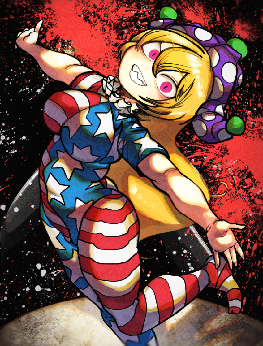 1girl absurdres alternate_breast_size american_flag_dress american_flag_legwear andanon blonde_hair breasts clownpiece eyebrows_visible_through_hair fairy grin hair_between_eyes hat highres jester_cap large_breasts long_hair outstretched_arms pantyhose pink_eyes polka_dot purple_headwear short_sleeves smile solo spread_arms standing standing_on_one_leg touhou