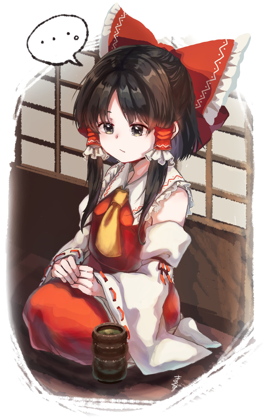 ... 1girl ascot bow breasts brown_eyes brown_hair closed_mouth cup detached_sleeves frilled_bow frilled_hair_tubes frilled_shirt_collar frills hair_bow hair_tubes hakurei_reimu hands_on_lap highres indoors looking_down matsukuzu medium_hair no_shoes red_bow red_ribbon red_shirt red_skirt ribbon ribbon-trimmed_sleeves ribbon_trim shirt sitting skirt sleeve_ribbon sleeveless sleeveless_shirt small_breasts solo spoken_ellipsis teacup touhou white_legwear wide_sleeves yellow_ascot