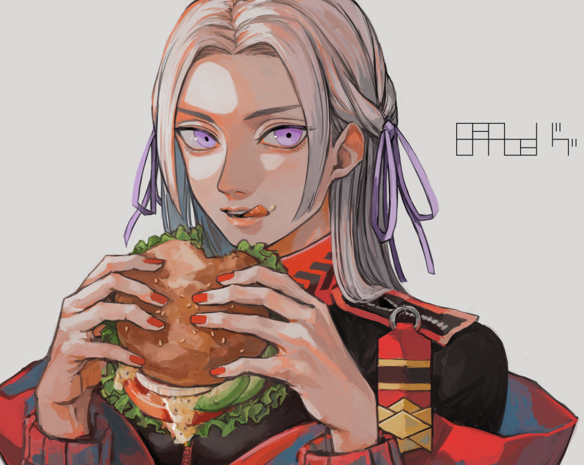1girl absurdres avocado bangs black_jacket burger constricted_pupils eating edelgard_von_hresvelg epaulettes fatalbug896 fire_emblem fire_emblem:_three_houses food food_bite food_on_face grey_background grey_hair hair_ribbon high_collar highres holding holding_food jacket lettuce licking_lips long_hair long_sleeves looking_at_viewer multicolored_clothes multicolored_jacket nail_polish open_mouth parted_bangs parted_hair purple_ribbon red_nails ribbon sauce signature simple_background solo tomato_slice tongue tongue_out tress_ribbon two-tone_jacket upper_body violet_eyes zipper