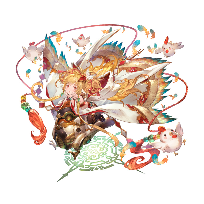 1girl animal_ears bandeau bangs bare_shoulders bird blonde_hair boots breasts cape chibi chicken earrings eyebrows_visible_through_hair feathers flying granblue_fantasy hair_ornament harvin head_on_hand jewelry knee_boots long_hair looking_at_viewer machine mahira_(granblue_fantasy) minaba_hideo official_art red_eyes robot_animal simple_background sitting small_breasts thigh-highs wide_sleeves