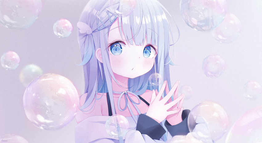 amatsuka_uto blue_eyes blue_hair blush bubble closed_mouth deyui dip-dyed_hair dress eyebrows_visible_through_hair hair_ornament hairclip highres indie_virtual_youtuber light_blue_hair off-shoulder_dress off_shoulder ribbon shoulder_strap steepled_fingers two_side_up virtual_youtuber white_dress white_ribbon wing_hair_ornament