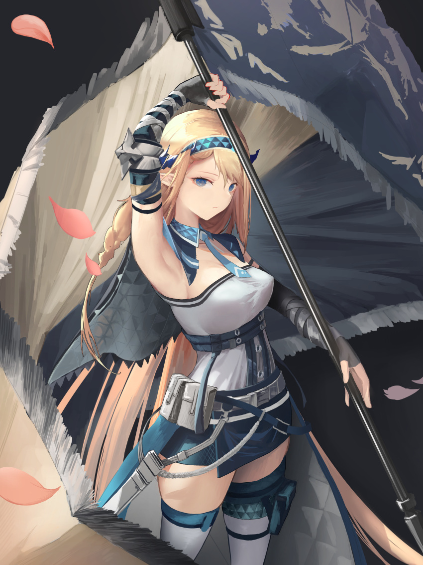 1girl absurdres arknights arm_up armpits bangs bare_shoulders beancake belt black_background black_gloves blonde_hair blue_eyes blue_hairband blue_necktie blue_skirt breasts commentary cowboy_shot detached_collar elbow_gloves fingerless_gloves flag gloves grey_belt hairband highres holding holding_flag horns long_hair looking_at_viewer medium_breasts miniskirt necktie petals pouch saileach_(arknights) simple_background skirt solo standing strapless thigh-highs thighs tube_top very_long_hair white_legwear