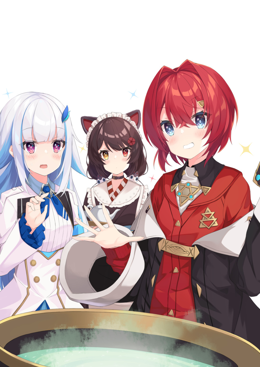 3girls absurdres ange_katrina animal_ears bangs blue_eyes blunt_bangs blush brown_hair cauldron dress eyebrows_visible_through_hair hair_between_eyes hair_ornament hairpin heterochromia highres holding holding_tray inui_toko lize_helesta long_hair lr_(last_remote_514) maid maid_headdress medium_hair monochrome_background multiple_girls nijisanji open_mouth red_dress red_eyes redhead silver_hair simple_background teapot tray violet_eyes virtual_youtuber white_background white_dress yellow_eyes