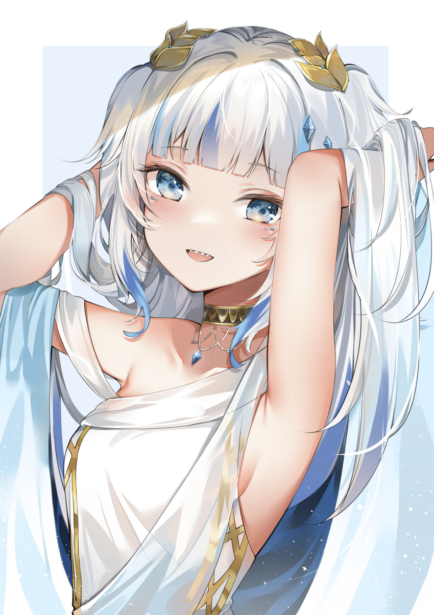 1girl absurdres armpit_crease armpits blue_eyes blue_hair breasts collarbone eyebrows_visible_through_hair gawr_gura gem greek_clothes hair_down highres hololive hololive_english jewelry laurel_crown long_hair multicolored_hair official_alternate_costume sharp_teeth sideboob silver_hair smile solo teeth toga twintails two-tone_hair upper_body virtual_youtuber yukineko1018
