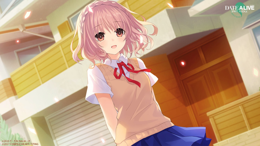 arms_behind_back blue_skirt blush date_a_live date_a_live:_spirit_pledge door eyebrows_visible_through_hair highres house looking_at_viewer open_mouth outdoors pink_hair red_eyes red_ribbon ribbon shirt short_hair skirt smile sonogami_rinne sunlight tsunako white_shirt