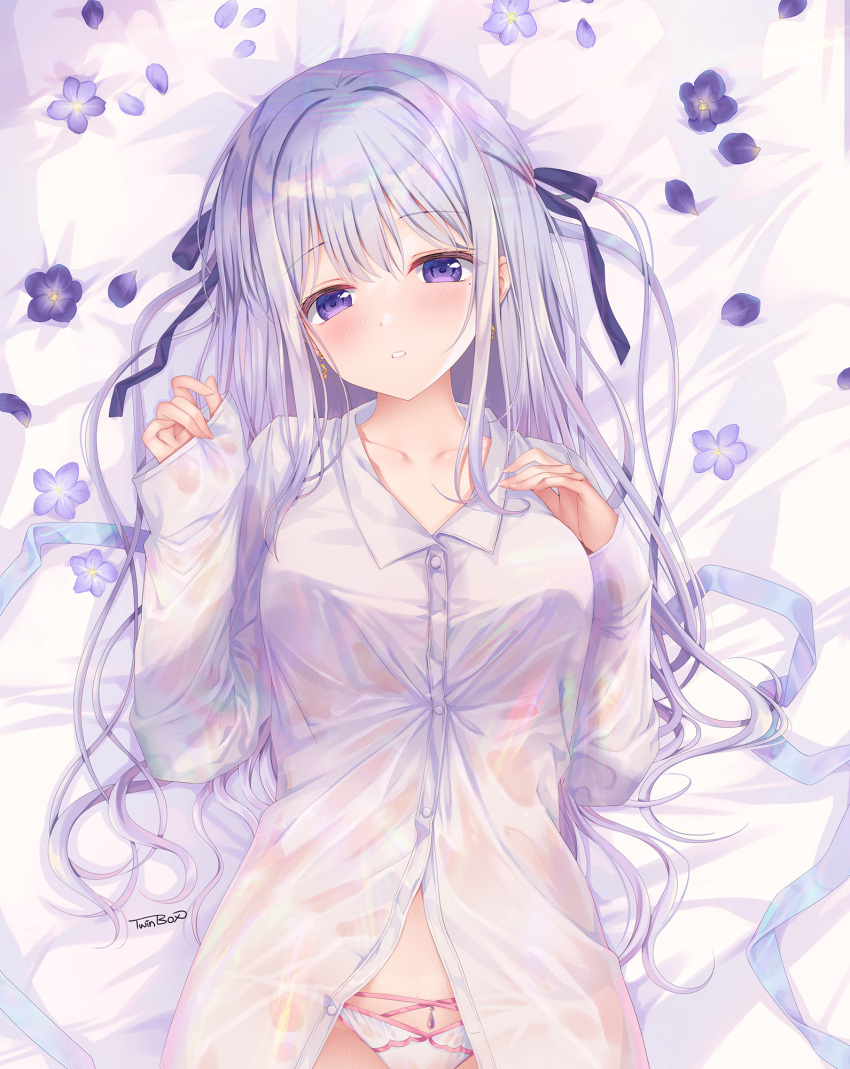 1girl bangs bed_sheet blue_ribbon blush borrowed_garments breasts collared_shirt cowboy_shot dress_shirt earrings flower gem hair_ribbon highres jewelry long_sleeves looking_at_viewer lying no_pants on_back on_bed original panties parted_lips partially_unbuttoned petals purple_flower purple_hair purple_ribbon ribbon see-through shirt silver_hair sleeves_past_wrists solo sousouman string_panties underwear violet_eyes white_panties white_shirt