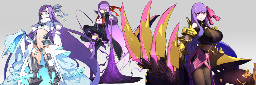 3girls :d absurdres armor bangs bb_(fate) black_legwear blue_eyes breasts claws crotch_plate fate/extra fate/extra_ccc fate/grand_order fate_(series) flat_chest gauntlets gloves greaves grin hair_ribbon highres lamian_(pixiv415608) large_breasts long_hair meltryllis_(fate) multiple_girls navel passionlip_(fate) pink_ribbon purple_hair red_ribbon ribbon smile thigh-highs very_long_hair violet_eyes white_gloves white_ribbon