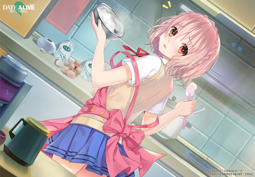 apron blue_skirt blush bowl cooking date_a_live date_a_live:_spirit_pledge egg eyebrows_visible_through_hair kitchen looking_at_viewer looking_back open_mouth pink_apron pink_hair pot red_eyes shirt short_hair skirt sonogami_rinne stove white_shirt