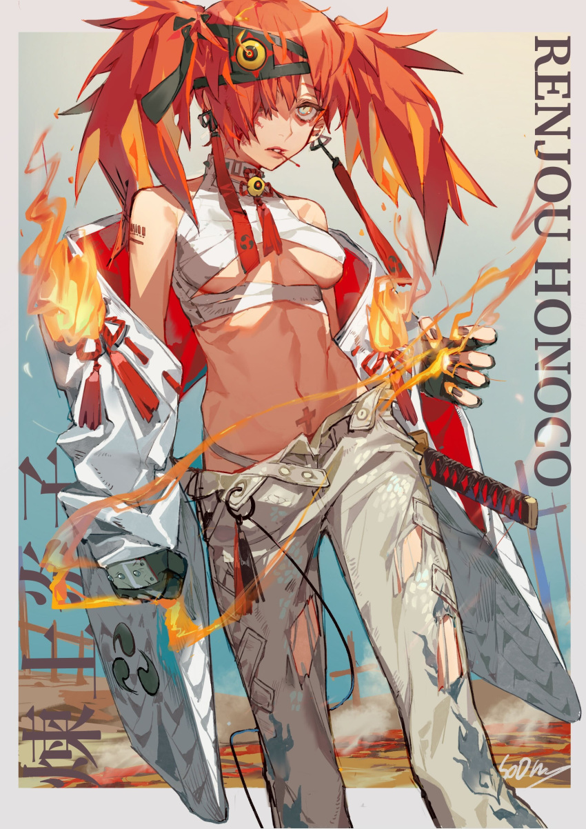 1girl absurdres barcode barcode_tattoo bare_shoulders breasts character_name cross_tattoo feet_out_of_frame fingerless_gloves fire gloves hair_over_one_eye highres jacket jacket_partially_removed long_hair midriff navel orange_hair original pants pubic_tattoo renjou_honoco_(soono_(rlagpfl)) sheath sheathed shoulder_tattoo signature solo soono_(rlagpfl) stomach sword tattoo torn_clothes torn_pants twintails under_boob weapon yellow_eyes