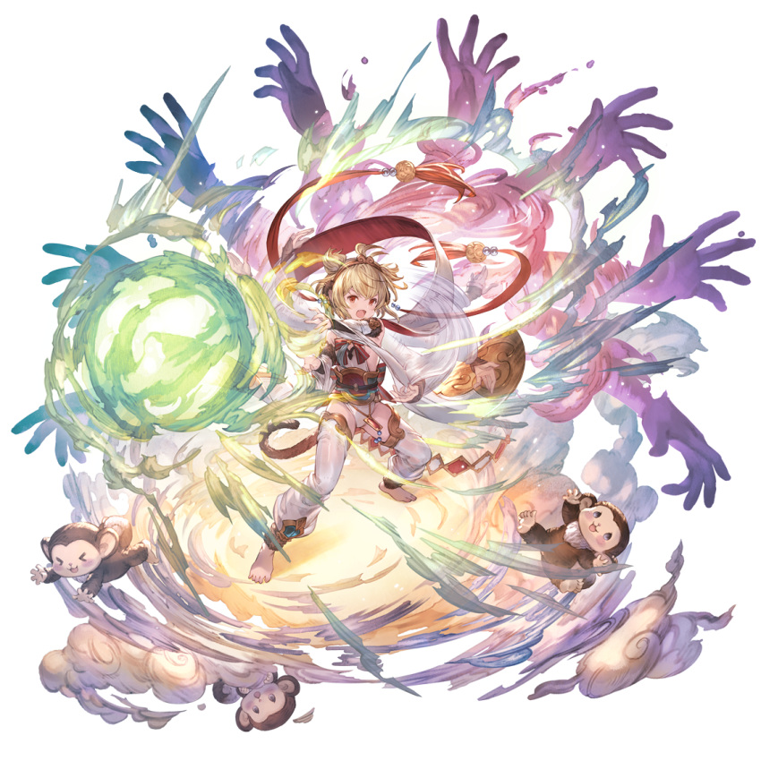&gt;_&lt; 1girl afterimage andira_(granblue_fantasy) barefoot blonde_hair blush_stickers cleavage_cutout clothing_cutout clouds energy_ball erune flower flying_nimbus granblue_fantasy hair_ornament headband minaba_hideo monkey monkey_tail multiple_hands official_art open_mouth red_eyes short_hair tail transparent_background twintails two_side_up