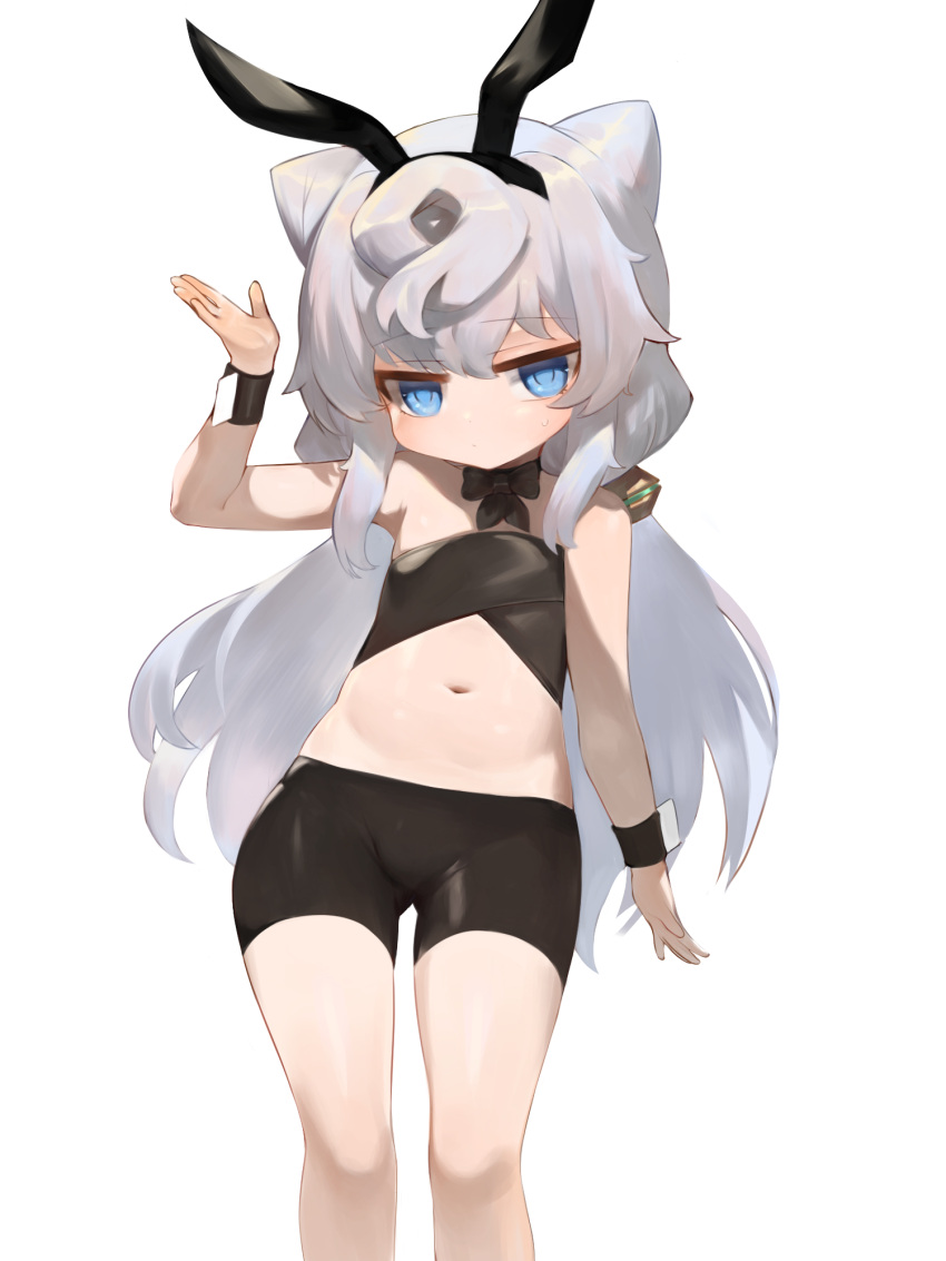 1boy animal_ears arm_up bandeau bike_shorts black_shorts blue_eyes blue_hair dokomon fake_animal_ears hacka_doll hacka_doll_3 highres long_hair low_twintails navel otoko_no_ko rabbit_ears shorts simple_background solo thighs twintails white_background wrist_cuffs
