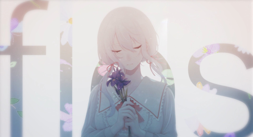 1girl bow closed_eyes flower frills hair_between_eyes hakase_fuyuki highres holding holding_flower iru_vv long_hair low_twintails nijisanji official_art purple_flower red_ribbon ribbon second-party_source silver_hair solo song_name twintails upper_body virtual_youtuber