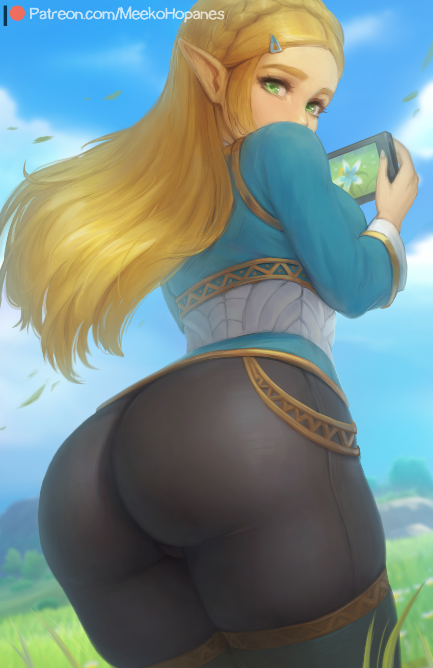 1girl absurdres ass ass_focus black_legwear blonde_hair blue_sky blue_tunic braid crown_braid day from_behind grass green_eyes highres holding leaf long_hair looking_at_viewer looking_back meekohopanes outdoors patreon_logo patreon_username pointy_ears princess_zelda skin_tight sky solo standing the_legend_of_zelda the_legend_of_zelda:_breath_of_the_wild tunic web_address wind