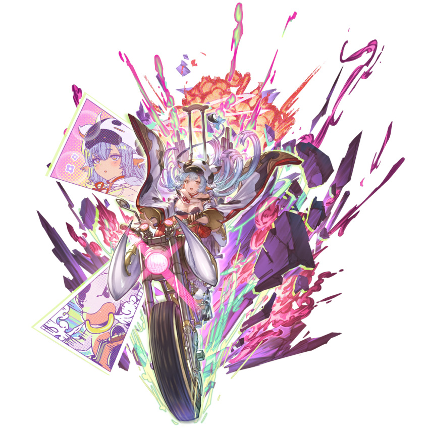 1girl animal_costume animal_ears animal_print blue_hair bow catura_(granblue_fantasy) cow cow_costume cow_ears cow_girl cow_hat cow_hood cow_horns cow_print cow_tail draph ear_piercing gradient_hair granblue_fantasy ground_vehicle horns minaba_hideo motor_vehicle motorcycle multicolored_hair official_art piercing purple_hair sheer_clothes shorts tail thigh-highs transparent_background violet_eyes