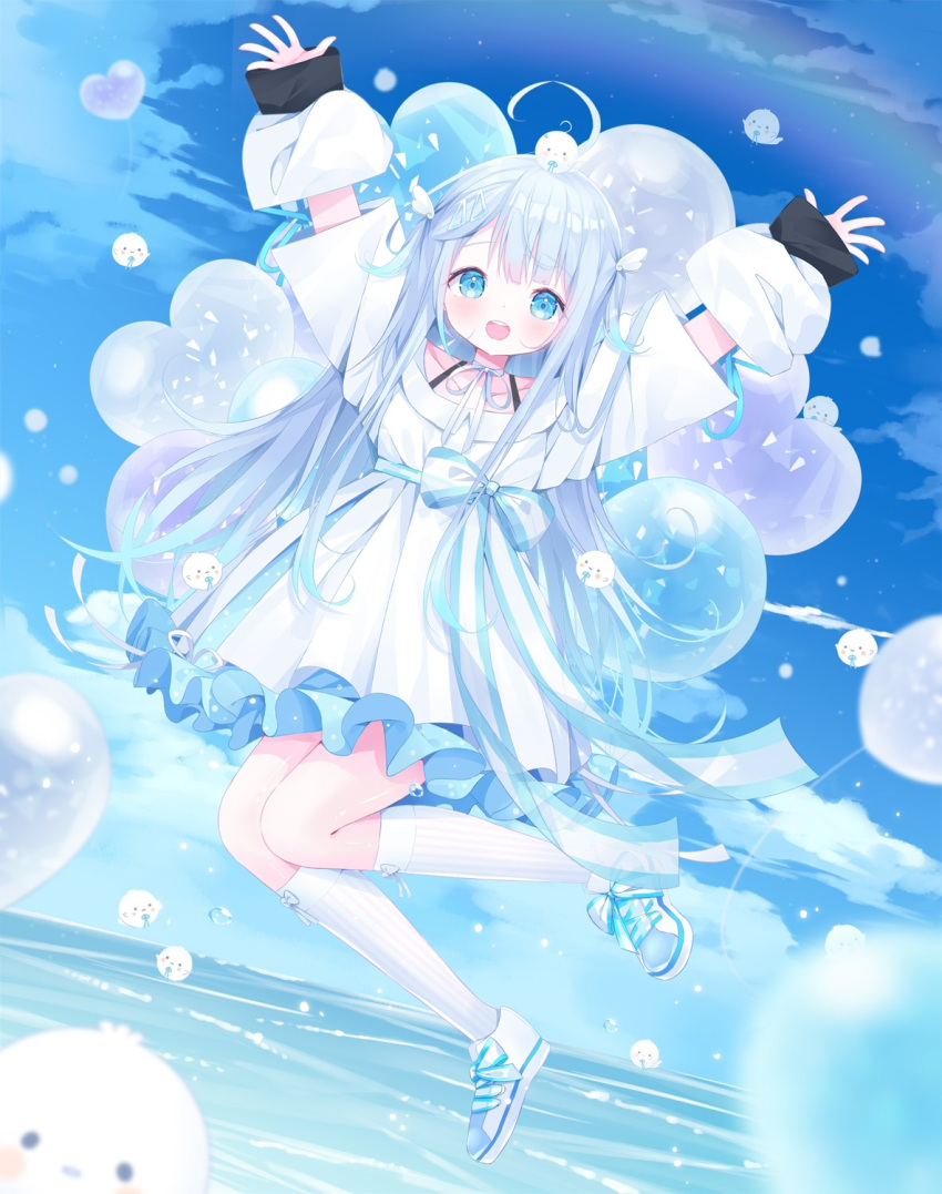 1girl :d \o/ ahoge amatsuka_uto arms_up balloon bangs blue_eyes blue_footwear blue_hair blue_ribbon blue_skirt blush bow choker clouds collarbone day deyui dip-dyed_hair dress eyebrows_visible_through_hair hair_ornament hairclip heart_balloon highres indie_virtual_youtuber layered_clothing light_blue_hair long_hair off-shoulder_dress off_shoulder open_mouth outstretched_arms ribbon ribbon_choker shoulder_strap skirt smile starry_sky_print striped striped_bow teeth tenshimp two_side_up upper_teeth virtual_youtuber water white_dress white_footwear white_legwear white_ribbon wing_hair_ornament