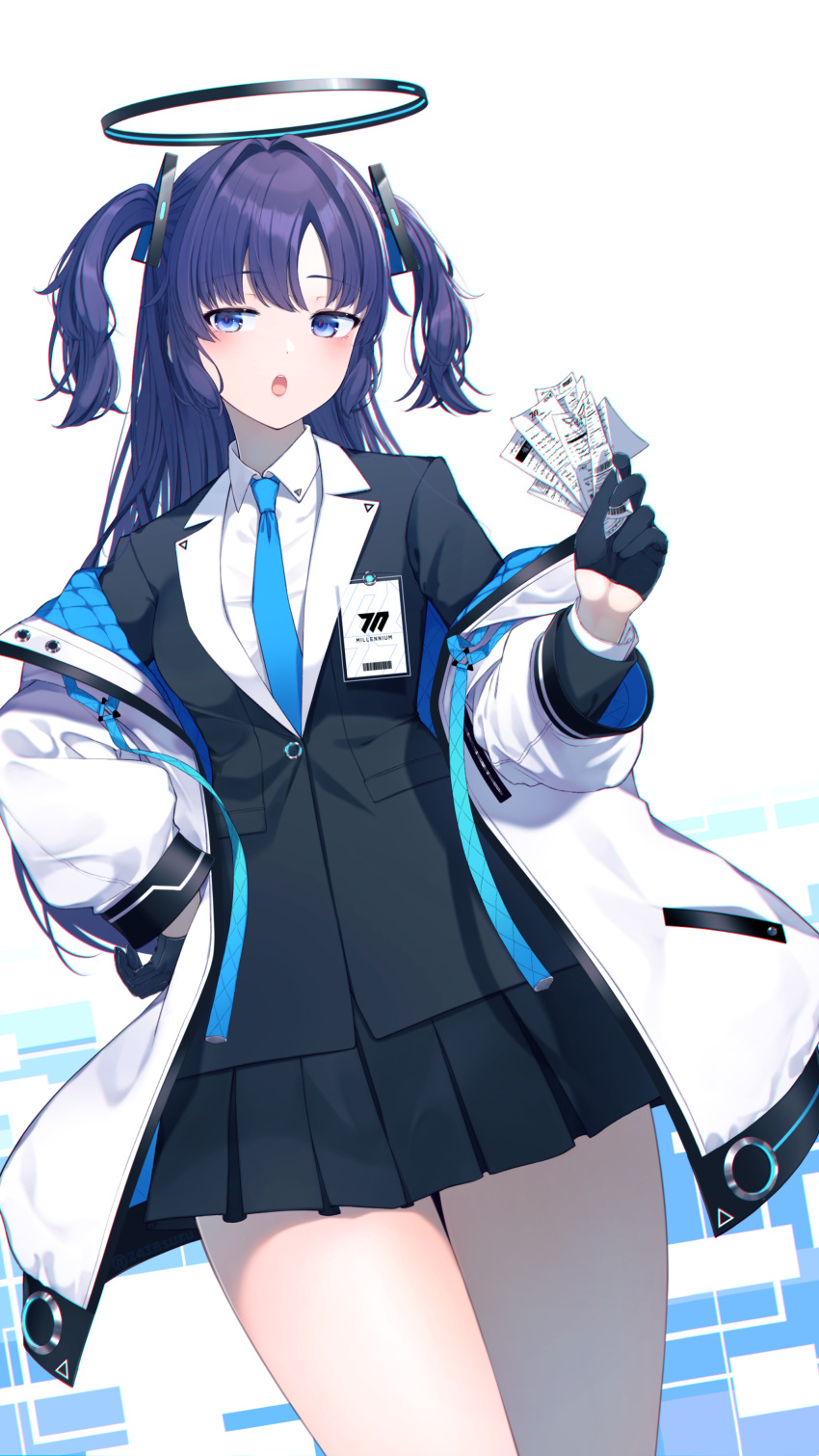 absurdres bangs black_gloves black_jacket black_skirt blue_archive blue_eyes blue_necktie blush collared_shirt cowboy_shot dress gloves half_gloves halo hand_on_hip highres holding holding_paper id_card jacket long_hair long_sleeves looking_at_viewer necktie nishinomiya_suzu open_clothes open_jacket open_mouth paper parted_bangs pleated_skirt purple_hair shirt skirt two_side_up white_jacket white_shirt yuuka_(blue_archive)