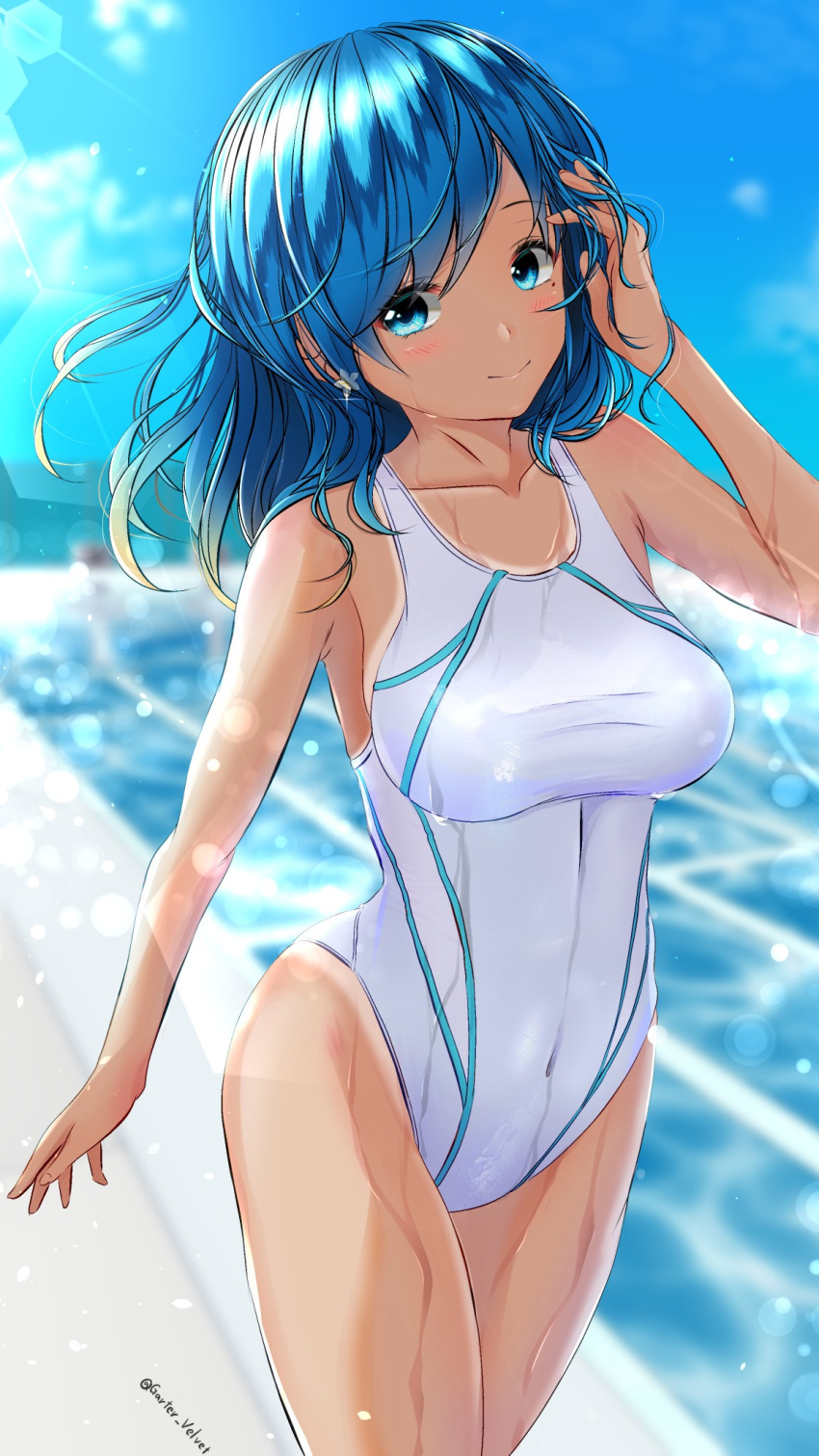 1girl aigami_shion bare_arms blue_eyes blue_hair blue_sky blurry blurry_background breasts closed_mouth collarbone commentary_request competition_swimsuit covered_navel day earrings garter-velvet hand_in_hair highres jewelry large_breasts lens_flare long_hair looking_at_viewer one-piece_swimsuit original outdoors pleated_skirt pool poolside skirt sky smile swimsuit tan tanlines twitter_username wet wet_clothes wet_swimsuit white_swimsuit