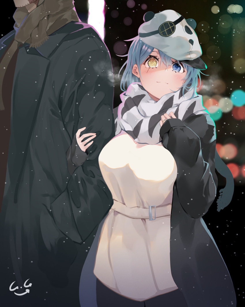 1boy 1girl absurdres alternate_costume blue_eyes blue_hair breasts eyepatch eyepatch_removed gegeron hat heterochromia highres jewelry kantai_collection kiso_(kancolle) large_breasts long_sleeves ring sailor_hat scar scar_across_eye scarf short_hair solo_focus wedding_ring white_headwear white_scarf yellow_eyes