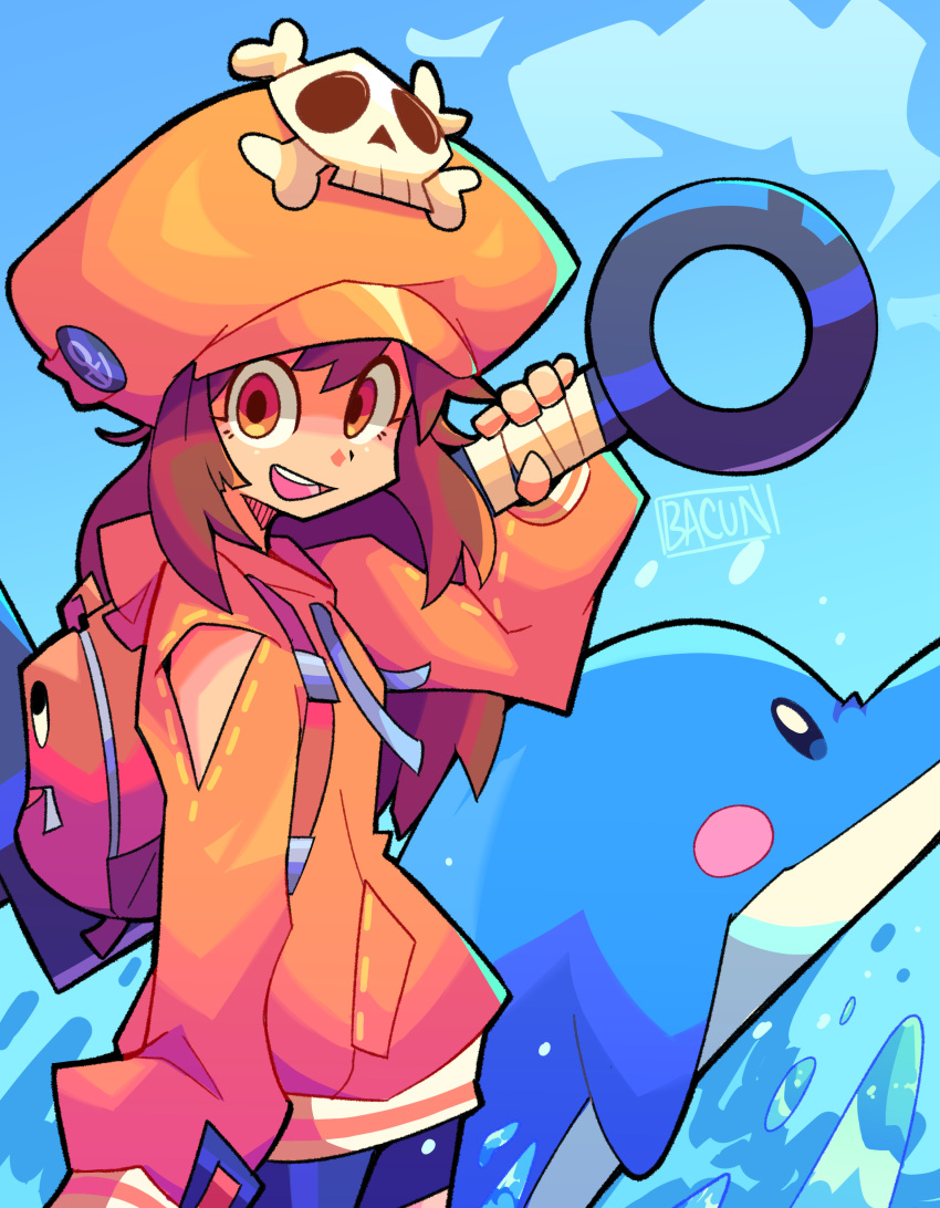 1girl :d absurdres anchor animal backpack bacun bag blue_background blush_stickers cowboy_shot dolphin guilty_gear guilty_gear_strive hat highres holding holding_weapon long_hair looking_at_viewer may_(guilty_gear) mr._dolphin_(guilty_gear) open_mouth orange_eyes orange_headwear signature simple_background skull_and_crossbones smile solo_focus standing teeth water weapon