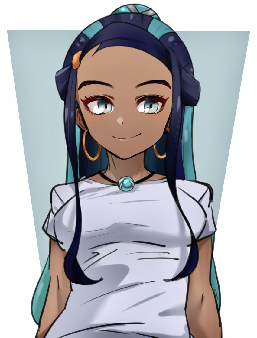 1girl black_hair blue_eyes blue_hair breasts closed_mouth commentary_request dark-skinned_female dark_skin earrings echizen_(n_fns17) eyelashes grey_shirt hair_bun highres hoop_earrings jewelry long_hair multicolored_hair necklace nessa_(pokemon) pokemon pokemon_(game) pokemon_swsh shirt short_sleeves smile solo t-shirt two-tone_hair upper_body