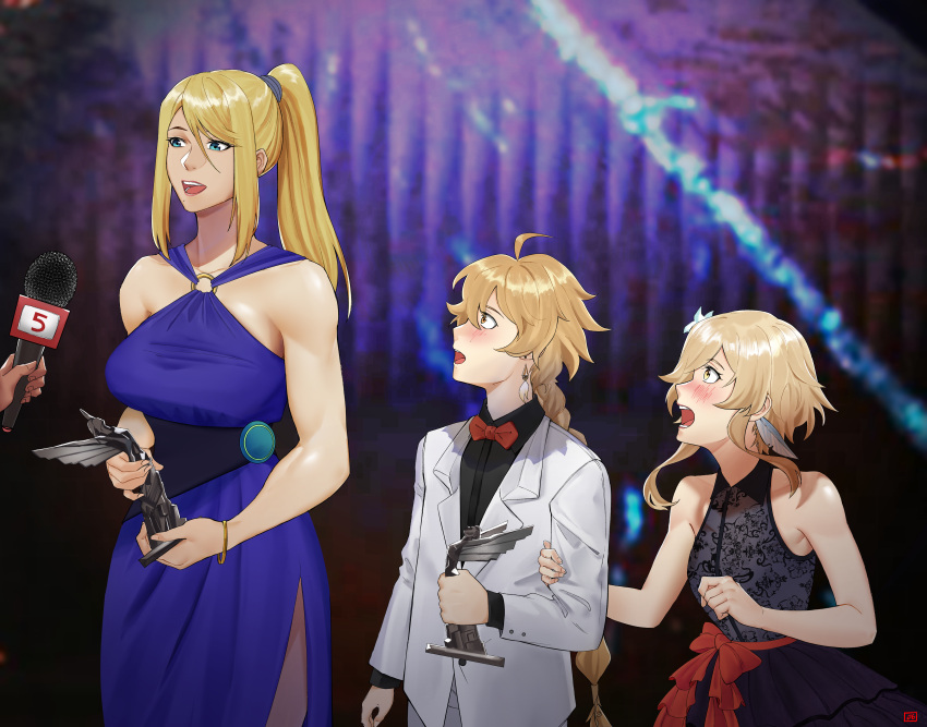 1boy 2girls absurdres aether_(genshin_impact) arm_grab bangle bare_shoulders black_dress blazer blonde_hair blue_dress blue_eyes blush bow bowtie bracelet braid braided_ponytail breasts brother_and_sister dress earrings flower genshin_impact hair_flower hair_ornament highres holding holding_microphone jacket jewelry long_sleeves lumine_(genshin_impact) medium_breasts metroid microphone multiple_girls muscular muscular_female open_mouth ponytail red_bow samus_aran siblings sleeveless sleeveless_dress tall_female trophy yellow_eyes