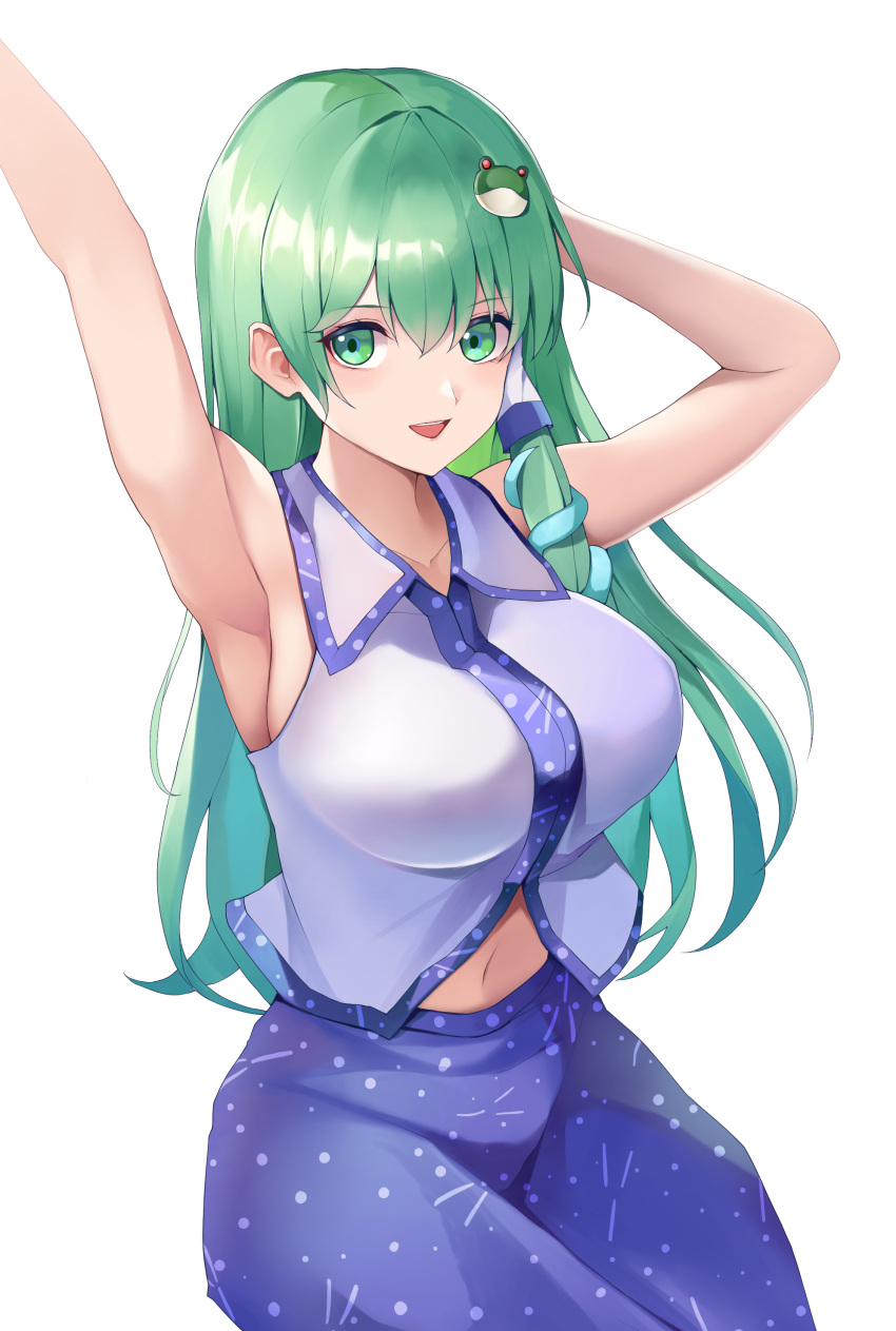 1girl absurdres arm_up armpits blue_skirt blush breasts eyebrows_visible_through_hair frog_hair_ornament green_eyes green_hair hair_between_eyes hair_ornament highres japanese_clothes kochiya_sanae koizumo large_breasts long_hair navel nontraditional_miko open_mouth simple_background skirt snake_hair_ornament solo touhou white_background