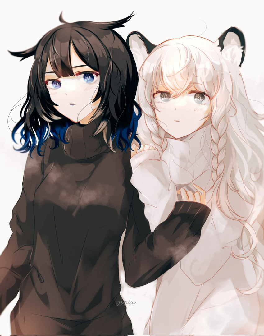 2girls animal_ears arknights bangs black_hair black_sweater blue_eyes blue_hair blunt_bangs blush braid casual cat_ears cat_girl english_commentary grey_eyes gupipy hand_on_another's_shoulder highres holding_another's_arm kjera_(arknights) long_hair multicolored_hair multiple_girls parted_lips pramanix_(arknights) short_hair signature sweater turtleneck turtleneck_sweater twin_braids white_hair white_sweater