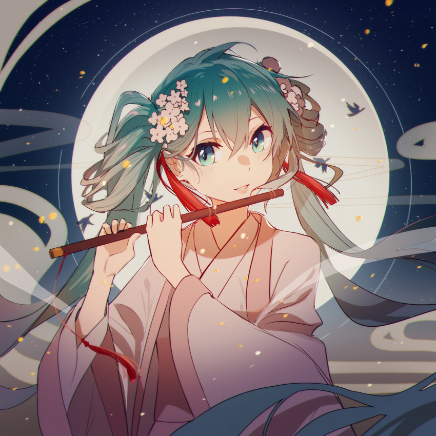 1girl bird blue_eyes blue_hair chinese_commentary chuushuu_meigetsu_miku commentary_request flute hands_up hatsune_miku highres hua_ben_wuming instrument japanese_clothes kimono long_hair looking_at_viewer moon music parted_lips pink_kimono playing_instrument sky smoke solo star_(sky) starry_sky twintails upper_body vocaloid