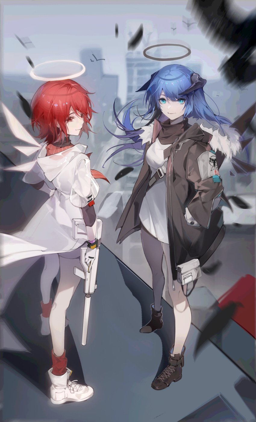 2girls absurdres arknights bangs blue_eyes blue_hair chinese_commentary demon_horns exusiai_(arknights) exusiai_(city_rider)_(arknights) fur-trimmed_jacket fur_trim gun halo highres holding holding_gun holding_weapon horns jacket long_hair mostima_(arknights) multiple_girls nidehaogege72450 official_alternate_costume red_eyes redhead short_hair weapon