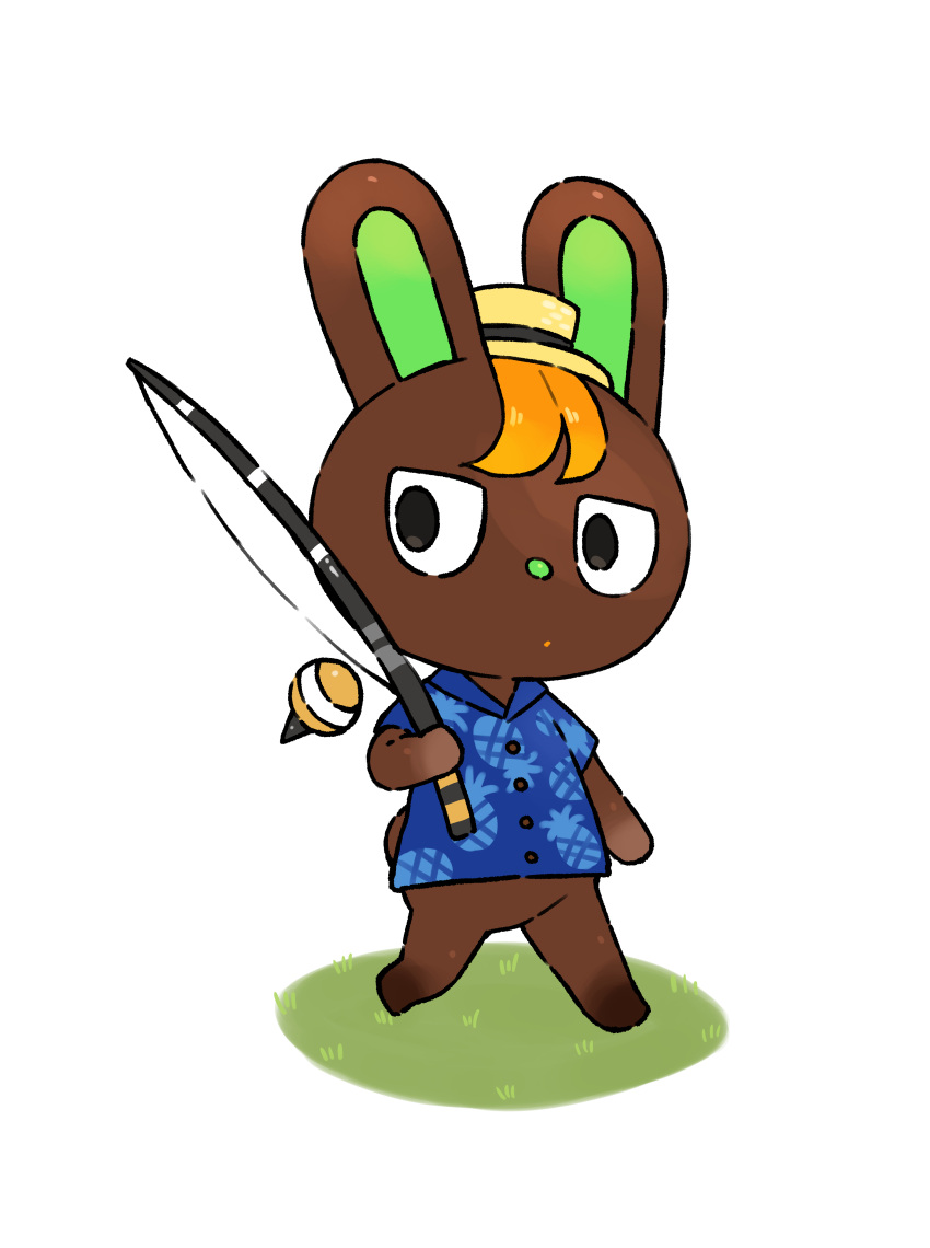 1boy absurdres animal_crossing animal_ears animal_nose bangs barefoot black_eyes blue_shirt body_fur brown_fur buttons closed_mouth collared_shirt commentary_request dot_mouth fishing_rod full_body furry furry_male grass hand_up hat highres holding holding_fishing_rod looking_to_the_side male_focus minamo_(pixiv17726065) mini_hat o'hare_(animal_crossing) orange_hair outdoors partial_commentary pineapple_print rabbit_boy rabbit_ears shirt short_hair short_sleeves simple_background solo standing straw_hat walking white_background yellow_headwear