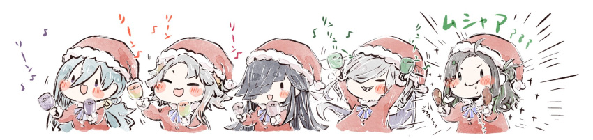 5girls :d akishimo_(kancolle) asashimo_(kancolle) bell black_hair blush chibi chicken_(food) christmas closed_eyes eating food fur-trimmed_headwear hat hayashimo_(kancolle) highres ido_(idoon08) instrument kantai_collection kiyoshimo_(kancolle) makinami_(kancolle) multiple_girls open_mouth red_headwear santa_costume santa_hat silver_hair smile sparkle wide_image