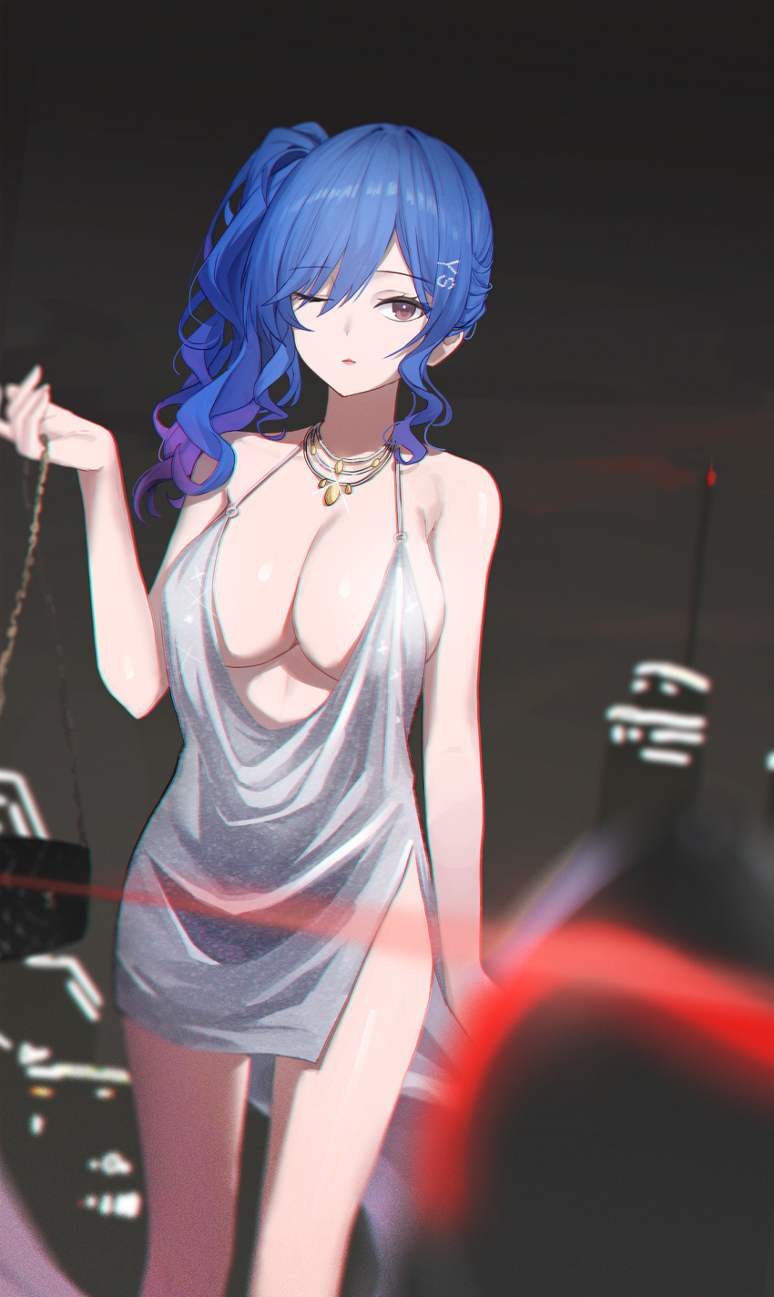 1girl azur_lane bag bangs bare_shoulders blue_hair blurry blurry_background blurry_foreground breasts commentary dress eyebrows_visible_through_hair glint gnns gradient_hair hair_between_eyes hair_ornament handbag highres holding holding_bag jewelry large_breasts lipstick looking_at_viewer makeup multicolored_hair necklace night night_sky no_bra official_alternate_costume one_eye_closed outdoors side_ponytail silver_dress sky sleeveless sleeveless_dress solo st._louis_(azur_lane) st._louis_(luxurious_wheels)_(azur_lane) standing thighs