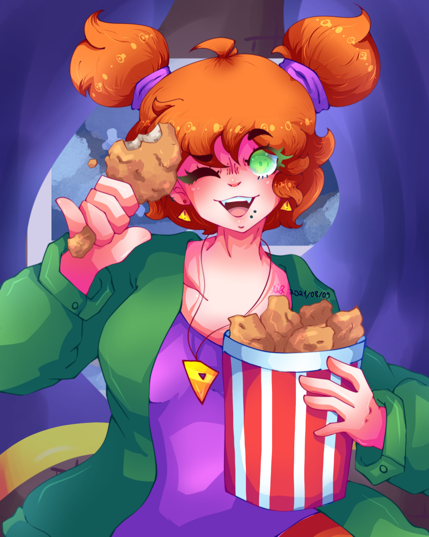 1girl alternate_universe bucket bucket_of_chicken food friday_night_funkin' friday_night_funkin'_d-sides fried_chicken girlfriend_(friday_night_funkin') green_eyes green_jacket holding holding_food jacket lilista looking_at_viewer necklace orange_hair purple_shirt shirt smile solo twintails wink