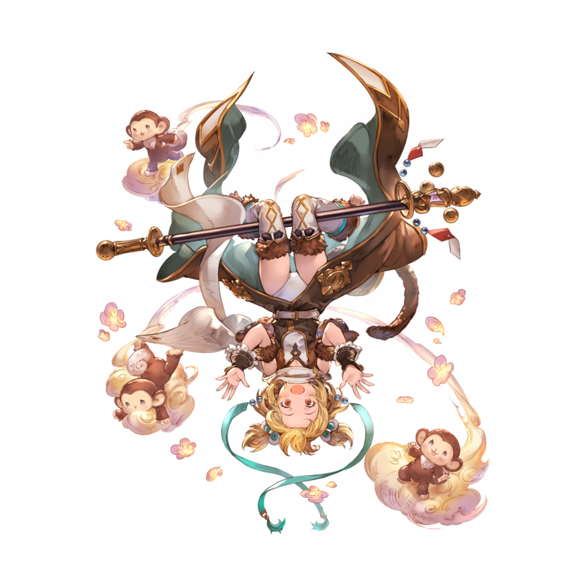 1girl andira_(granblue_fantasy) barefoot blonde_hair blush_stickers cleavage_cutout clothing_cutout erune full_body fur_trim granblue_fantasy hair_ornament headband holding holding_staff minaba_hideo monkey monkey_tail official_art red_eyes scarf short_hair staff tail transparent_background twintails two_side_up upside-down