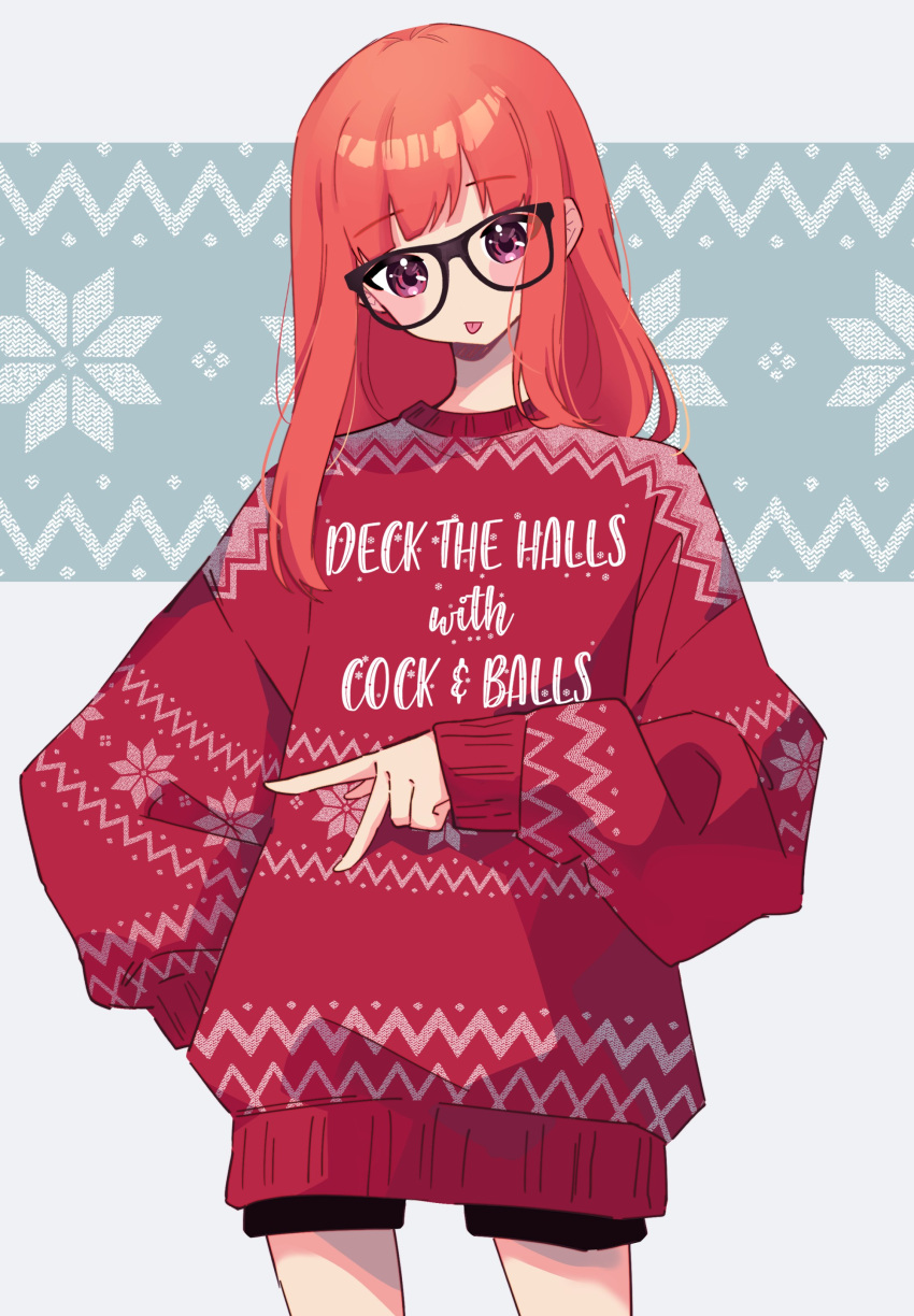 1girl absurdres bangs black_shorts blush christmas_sweater emi_star english_commentary eyebrows_visible_through_hair head_tilt highres orange_hair persona persona_5 profanity red_eyes red_sweater sakura_futaba shorts smile solo sweater tongue tongue_out v