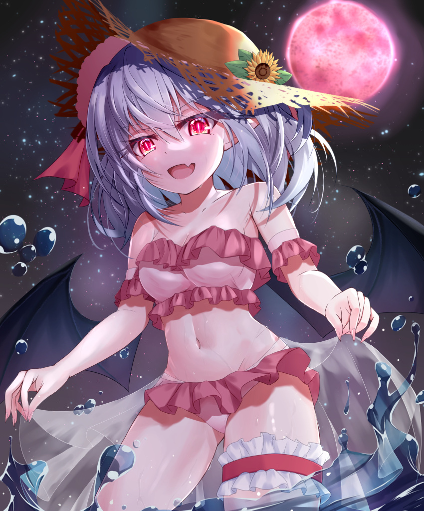 1girl absurdres bare_shoulders bat_wings black_wings breasts brown_headwear collarbone cowboy_shot eyebrows_visible_through_hair fang fingernails flower full_moon hat highres looking_at_viewer looking_down medium_breasts medium_hair moon navel night night_sky open_mouth outdoors partially_submerged pink_swimsuit purple_hair red_eyes red_moon remilia_scarlet s_vileblood sharp_fingernails skin_fang sky solo star_(sky) starry_sky straw_hat sunflower swimsuit touhou v-shaped_eyebrows water wet wings yellow_flower