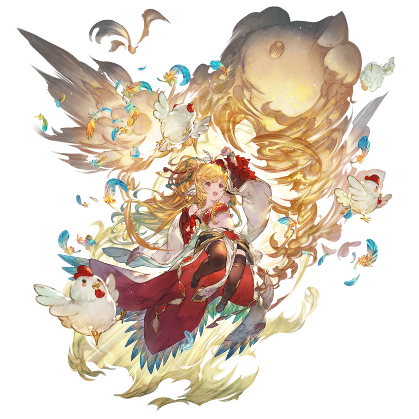 1girl animal_ears bandeau bangs bare_shoulders bird blonde_hair boots breasts cape chibi chicken earrings eyebrows_visible_through_hair feathers flying granblue_fantasy hair_ornament harvin head_on_hand jewelry knee_boots long_hair looking_at_viewer mahira_(granblue_fantasy) minaba_hideo official_art red_eyes simple_background sitting small_breasts thigh-highs uppercut wide_sleeves