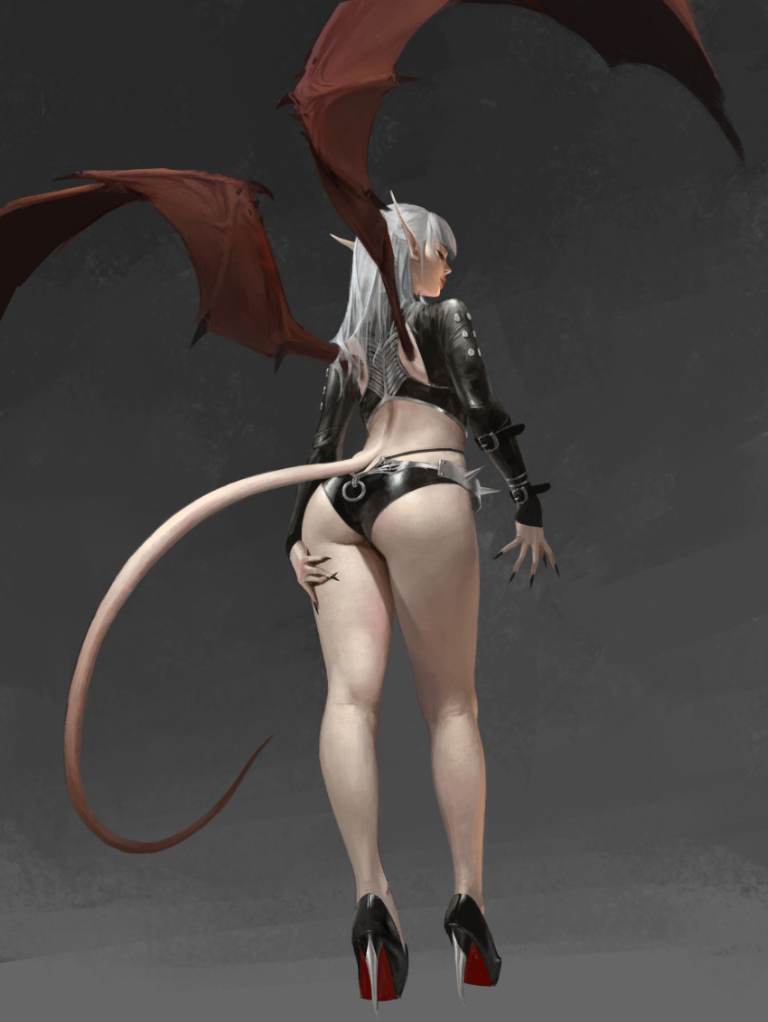 1girl absurdres ass back bangku_an bangs black_footwear black_jacket black_nails black_shorts commentary dark_background demon_girl demon_tail demon_wings from_behind full_body hand_on_thigh high_heels highres jacket long_hair long_sleeves looking_to_the_side micro_shorts original pointy_ears shorts solo standing tail white_hair wings