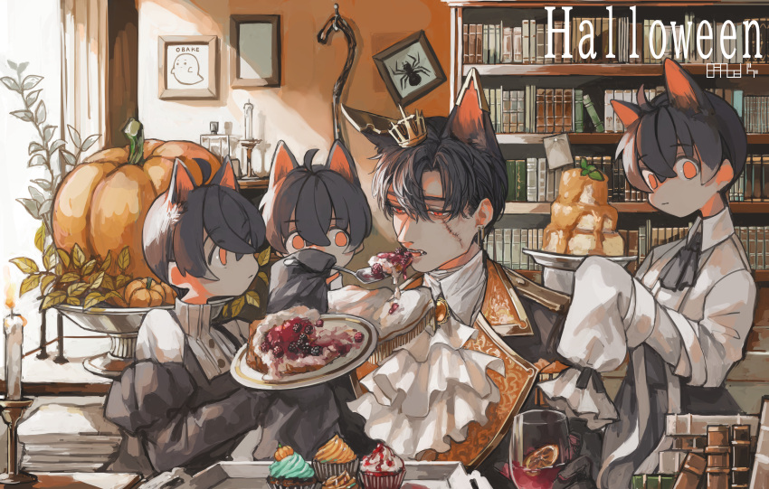 4boys absurdres animal_ears apron ascot bangs black_apron black_ascot black_gloves black_hair black_jacket blackberry_(fruit) book book_stack bookshelf brooch cake cake_slicer candle candlestand cat_boy cat_ears collared_shirt commentary crown cup cupcake dated_commentary detached_sleeves drinking_glass earrings eating english_commentary english_text extra_ears fang fatalbug896 feeding food fruit gloves hair_between_eyes halloween highres holding holding_cup holding_plate indoors jabot jacket jewelry juliet_sleeves leaf long_sleeves looking_at_another looking_at_viewer male_focus mini_crown multicolored_clothes multicolored_jacket multiple_boys multiple_persona orange_eyes orange_jacket original picture_(object) picture_frame plant plate puffy_sleeves pumpkin raspberry red_eyes scar scar_on_face serving shirt signature sitting sleeves_past_fingers sleeves_past_wrists standing sweets tied_sleeves tray two-tone_jacket upper_body white_jabot white_shirt