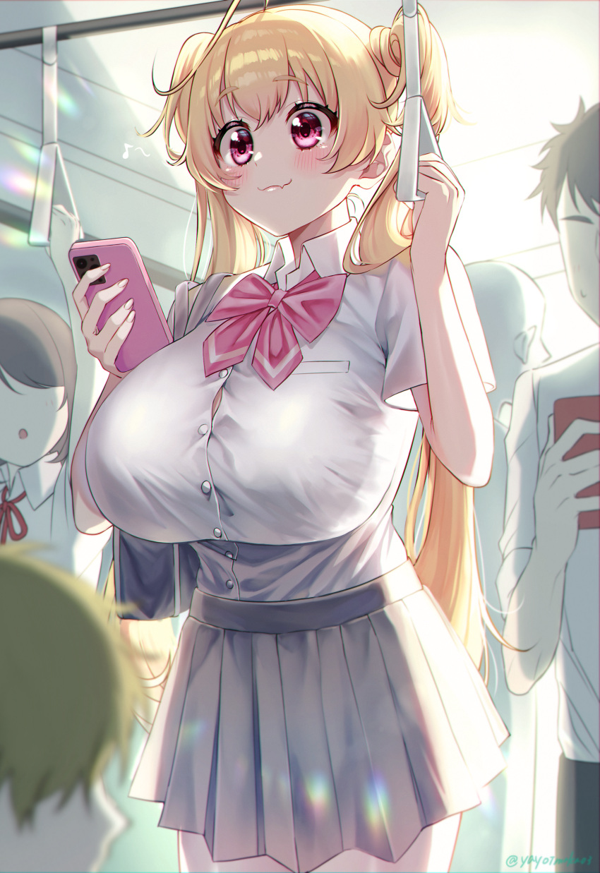 1girl absurdres bangs blonde_hair bow bowtie breasts cellphone closed_mouth collared_shirt commentary_request cowboy_shot eyebrows_visible_through_hair fang fang_out grey_skirt highres holding holding_phone large_breasts long_hair looking_at_phone musical_note original phone pink_bow pink_bowtie pink_eyes pleated_skirt school_uniform shirt short_sleeves skin_fang skirt smartphone solo_focus standing train_interior twintails very_long_hair white_shirt yayoi_maka