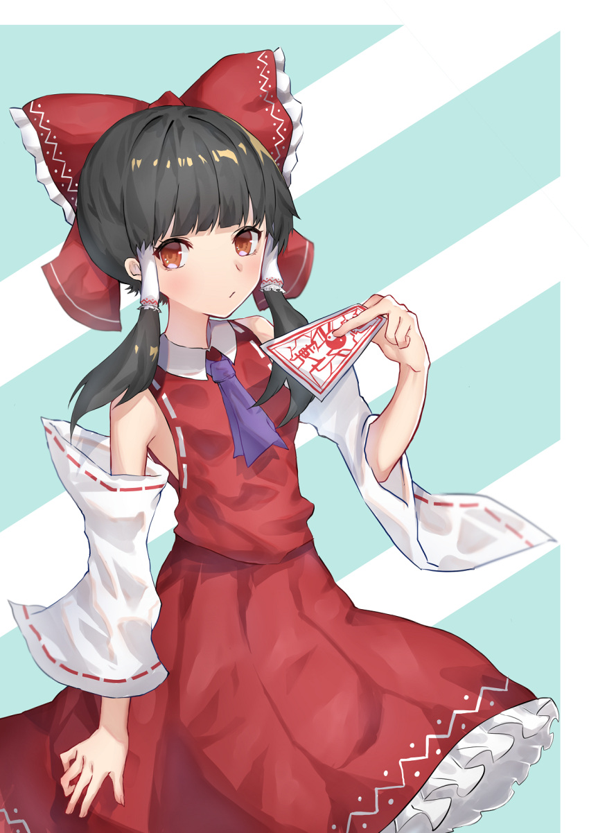 1girl ascot bangs bare_shoulders black_hair blunt_bangs bow closed_mouth collared_shirt cowboy_shot detached_sleeves diagonal_stripes frilled_bow frilled_skirt frills hair_bow hair_tubes hakurei_reimu highres holding leste_(humansequencer) long_skirt looking_at_viewer medium_hair ofuda pleated_skirt purple_ascot red_bow red_eyes red_shirt red_skirt ribbon-trimmed_sleeves ribbon_trim shiny shiny_hair shirt skirt sleeveless sleeveless_shirt solo striped striped_background touhou white_sleeves wide_sleeves yin_yang